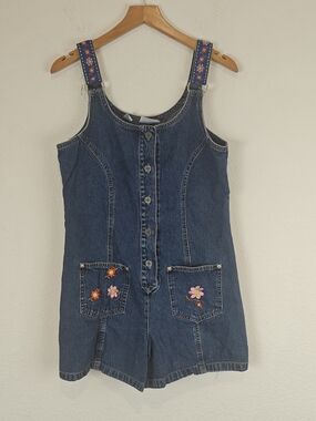 Vintage 90s Floral Embroidered Denim Romper Cottagecore Momcore Y2K Vibes
